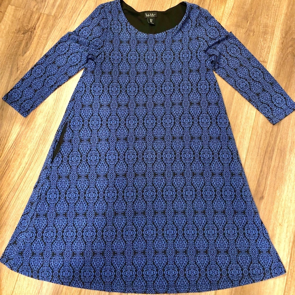 Nicole Miller black and blue trapeze swing dress with pockets size small